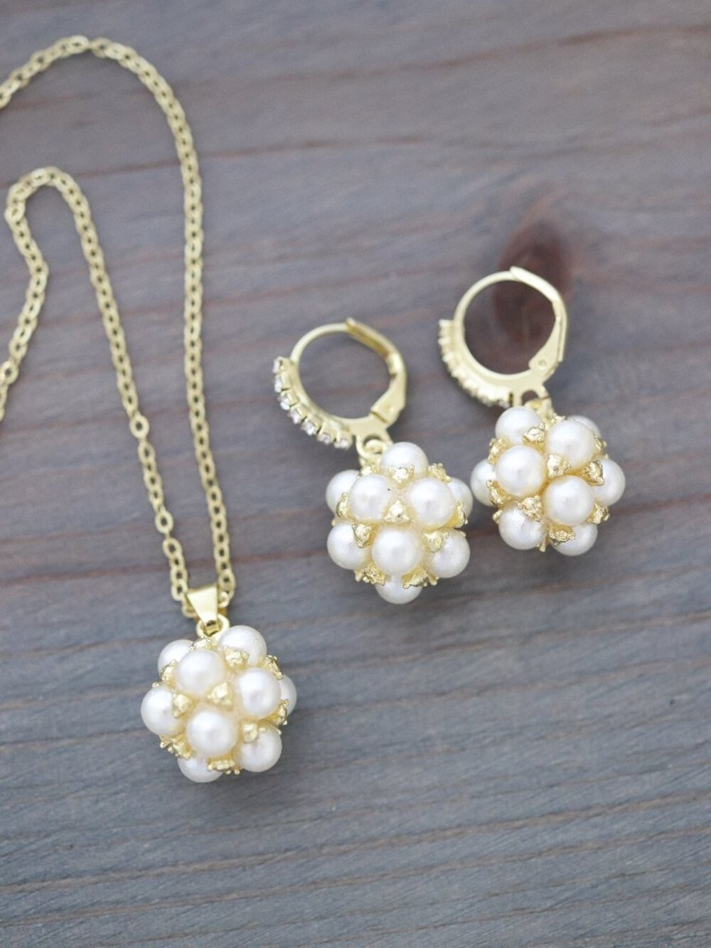Necklace/Earrings Jewelry Sets Round Ball Pearl Style 18k Gold Plated